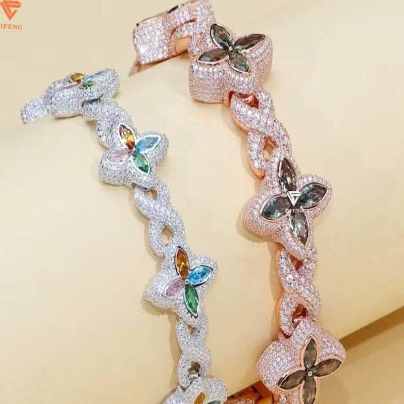 925 Silver Cuban Link Bracelet with Multiple Flower-Shaped Bracelet Moissanite Marquise Cut Colorful 925 Silver Chain Jewelry