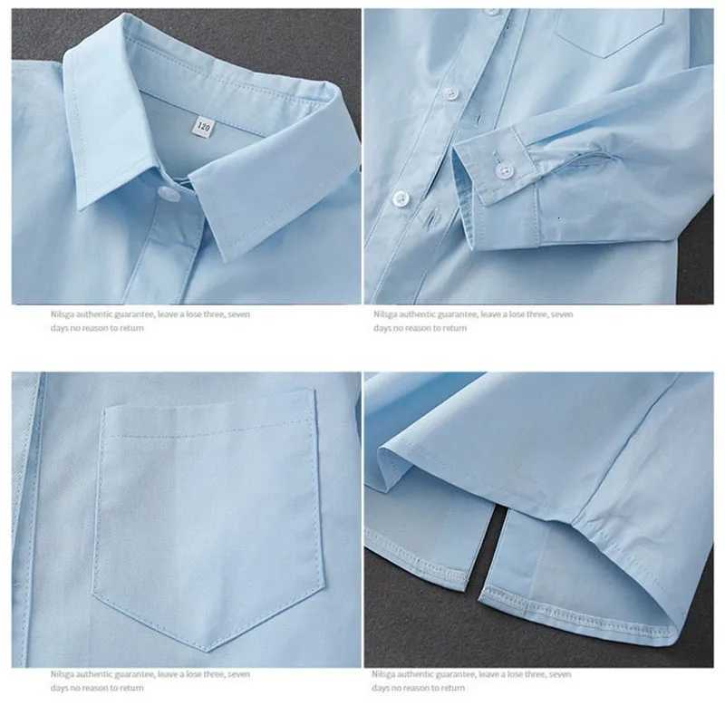 Boys Casual Shirt Long Sleeve Solid White Blue 100% Cotton Kids Top Age 3-12 Spring School Uniform Children Party Clothing X250806