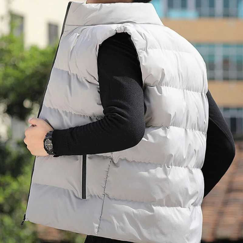 Autumn Winter Mens Down Cotton Vest Solid Color Standing Collar Sleeveless Waistcoat Loose Casual Thick Warm Padded Vest W250806