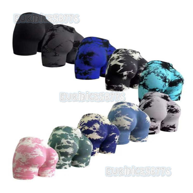 2024 New Tie-dye Peach Hip Yoga Shorts Seamless Yoga Pants Running Fitness Pants Sports Shorts for Women H250806