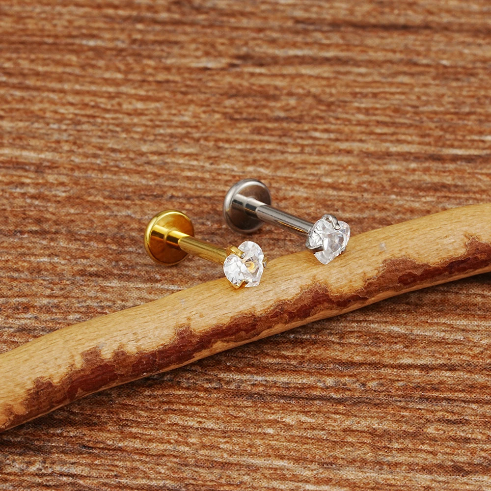 Right Grand ASTM 36 16G Heart CZ Internally Threaded Flat Back Labret Cartilage Tragus Helix Nose Stud Piercing 250805