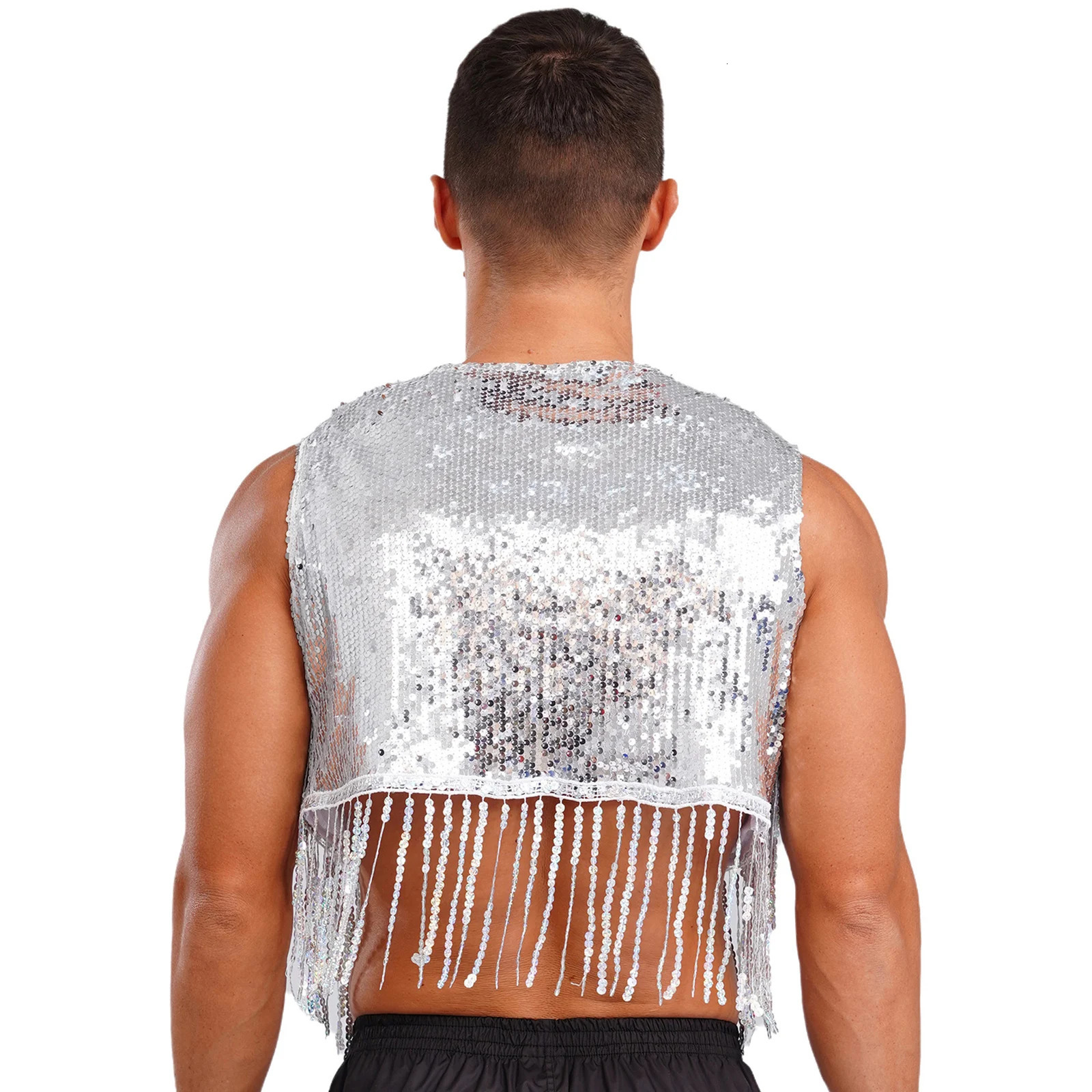 Mens Cowboy Western Costume Shiny Vintage 70s Disco Costumes Fringe Sequin Waistcoat Sleeveless Open Front Cropped Vest Cardigan 250805