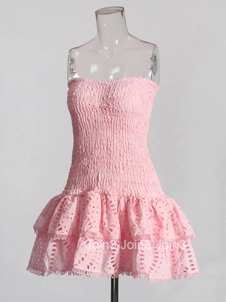 Patchwork Folds Casual Dresses For Women Strapless Sleeveless High Waist Hollow Out Elegant Slimming Dress Female