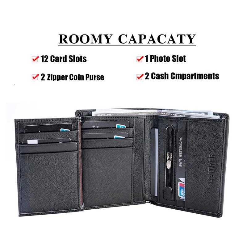 New Mens Genuine Leather Wallet Business Vertical Three-Fold Holder Zipper Coin Purse Mens RFID Anti-Theft Wallet XJ250806