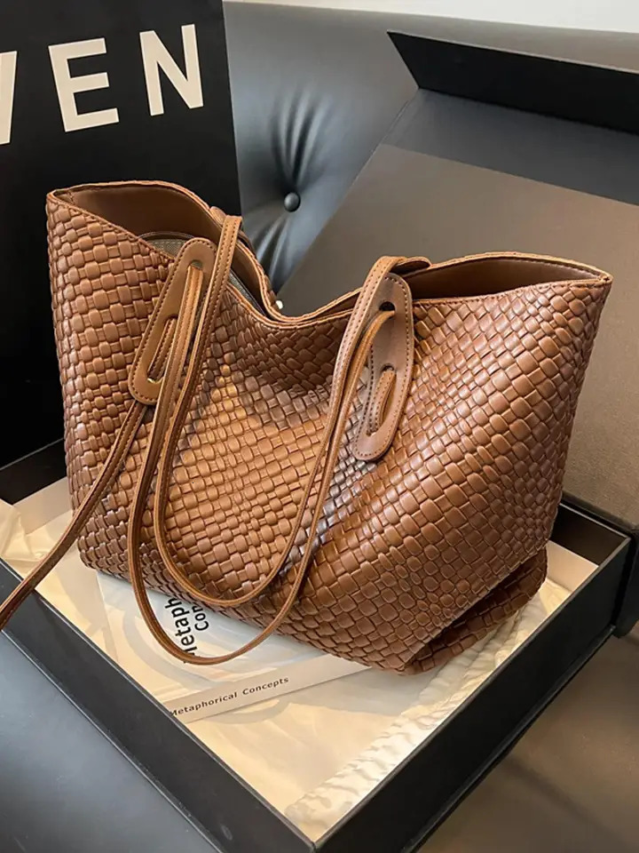 Retro Fashion Classic Solid Color Pu Woven Rhombic Lattice Double Handle Single Shoulder Large Capacity Tote Bag 250806