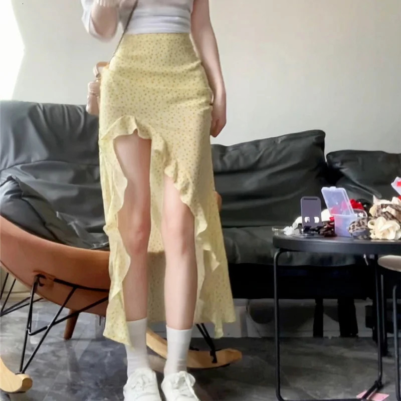 Ruffled Floral Skirt for Women Summer Mid Long High Waist Skirt Red Irregular Sexy Split Skirt Fashion Beachwear Y2k Clothing 250806