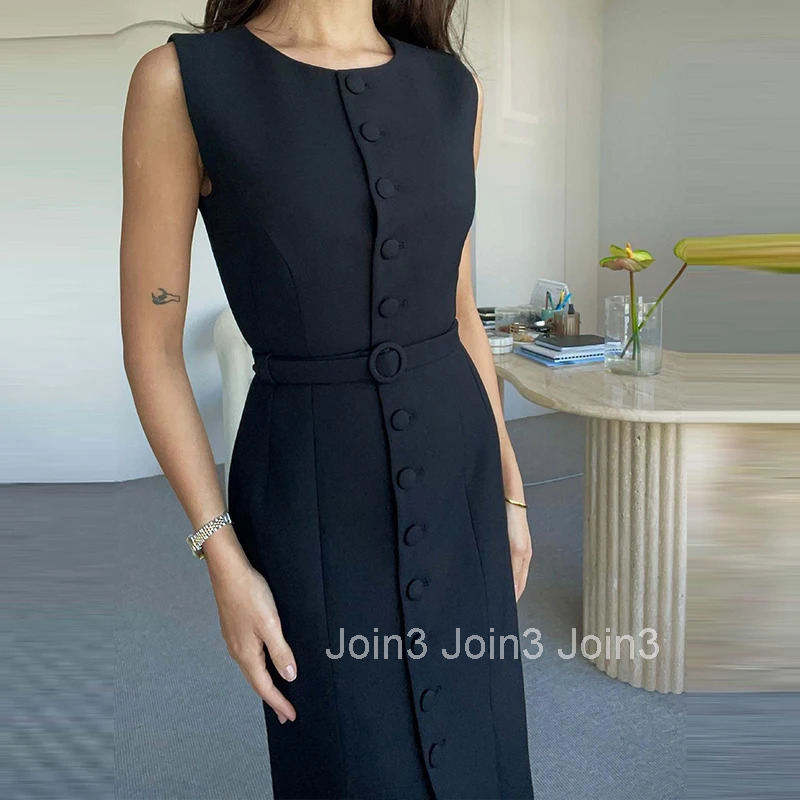 Elegant Temperament Slim Womens A-line Dress Summer Casual O Neck Button Office Dress Simple Solid Color Sleeveless Long Dress