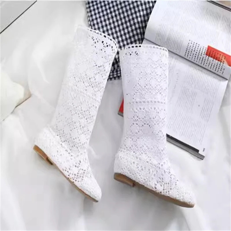Womens spring high boots wool hollow fashion summer white lace ladies flat casual shoes 250801