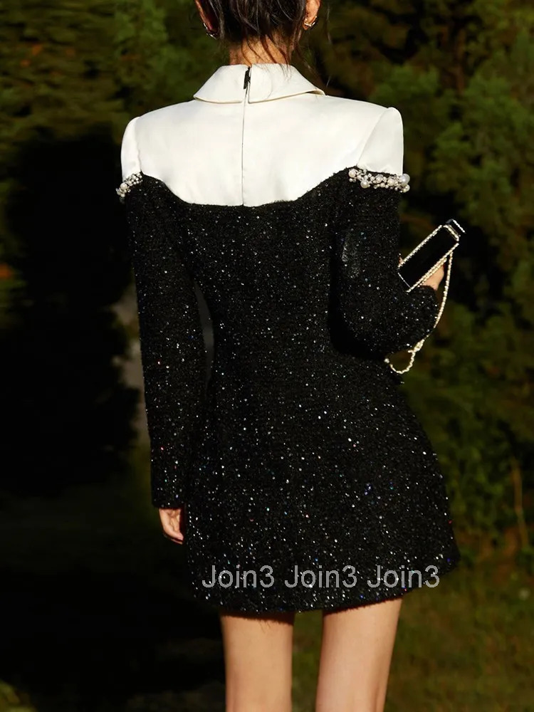 Elegant Hit Color Dresses For Women Lapel Long Sleeve High Waist Patchwork Sequins Mini Dress Female Fashion