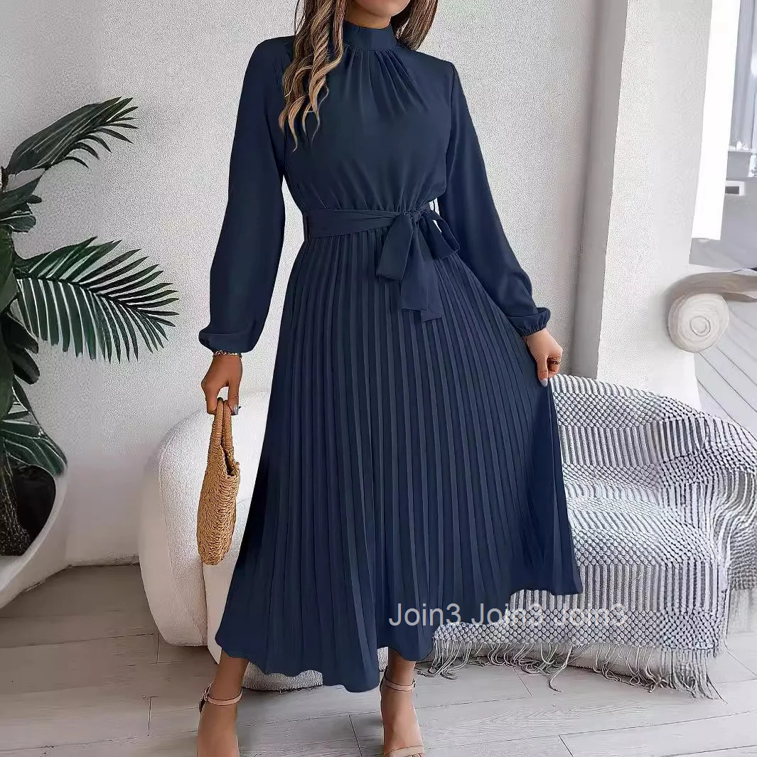 Elegant Womens Solid Color Pleated Lace Up Autumn And Winter Dresses Fashionable Womens Standing Collar Long Sleeved Dress