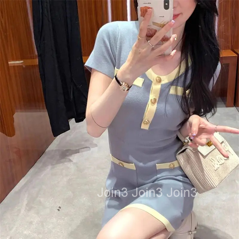 Fashion Spring Summer New Dress Contrast Color Button Pocket Elegant Knitted Short Sleeve Dress Sexy Bodycon Sweater Dress P541