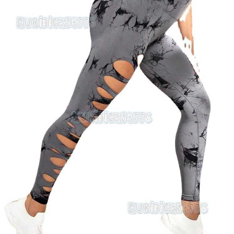 Seamless Tie-dye Hollow Out Ripped High-waisted Tight-fitting Hip-lifting Quick-dry Training Fitness Pants Sports Long Pants for Women H250806