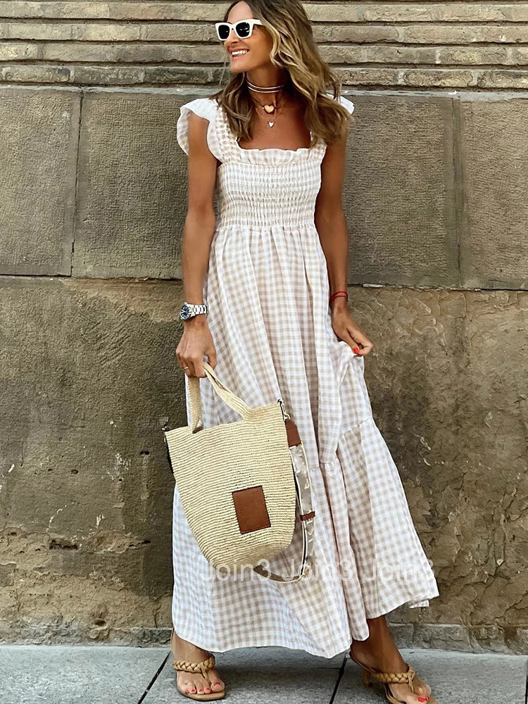 Casual Slash Neck Slip Maxi Dress Office Lady Spring Summer Fashion Elegant Solid Plaid Sleeveless Dresses For Women white