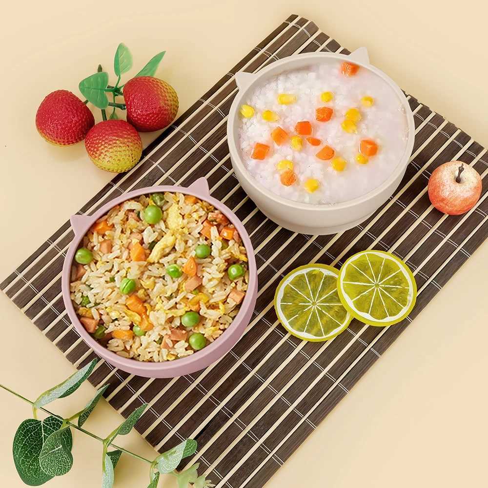 1PC Baby Silicone Bowl Cute Cartoon Cat Shape Baby Tableware Solid Color Baby Food Storage BPA Free Suction Baby Feeding Tray X2508061
