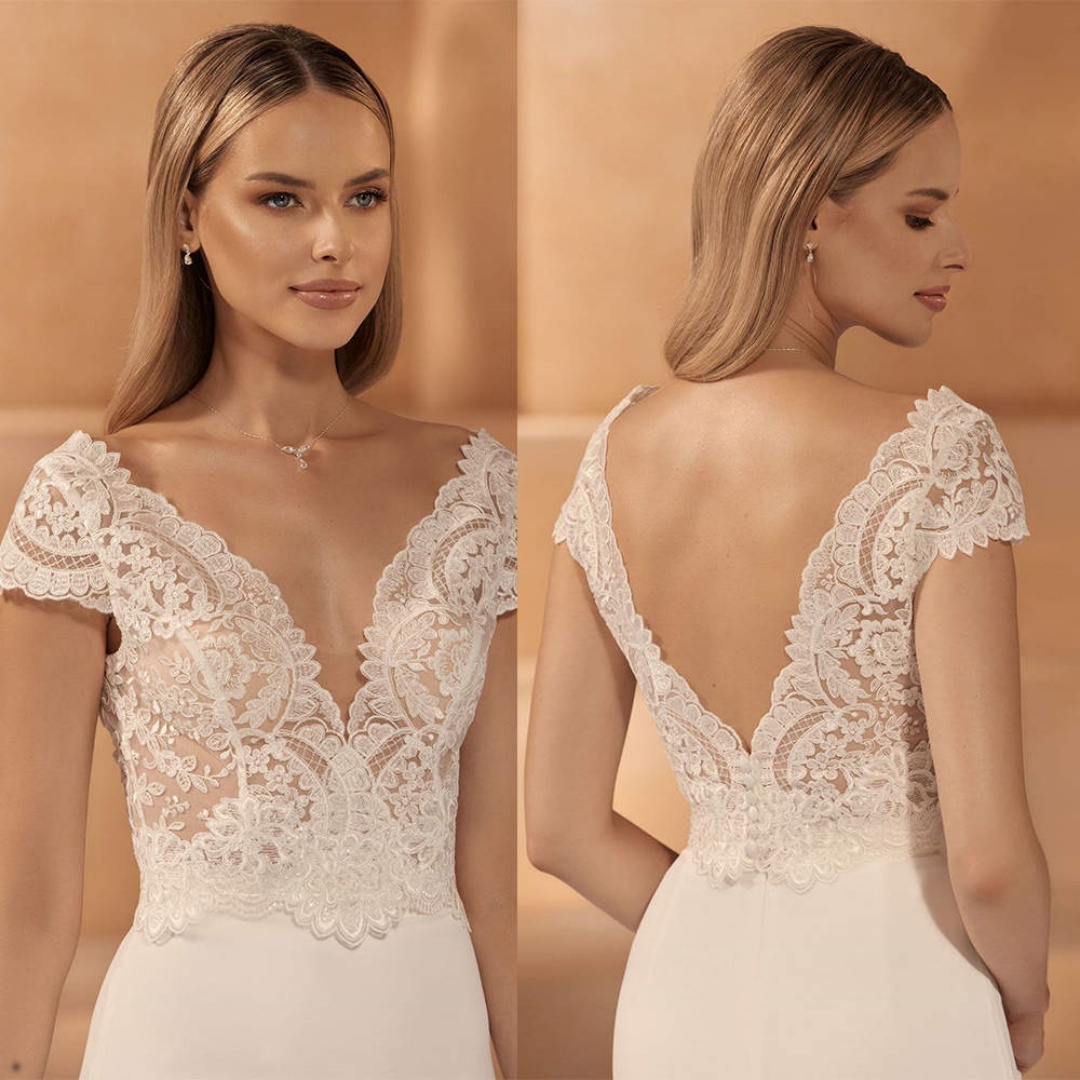 Simple Customized Deep V Neck Jacket Wraps Lace Applique Short Sleeve Backless Bride Gowns Wedding Accessories