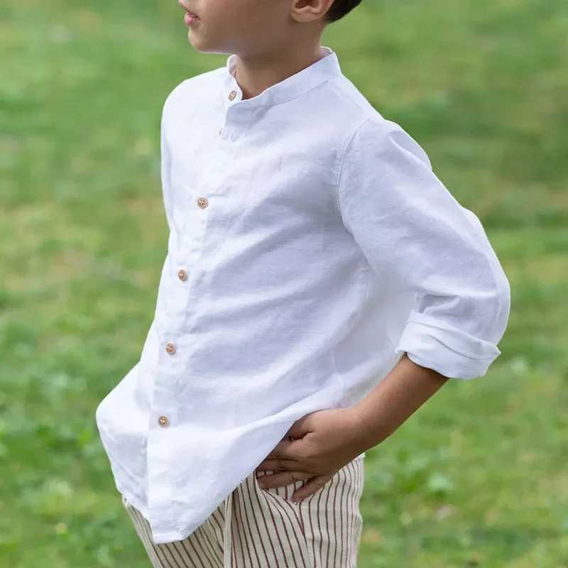 Boys White Linen Shirt 2025 Spring New Childrens Stand-Up Collar Buttons Daily Casual Cotton And Linen Long-Sleeved Shirts X250806
