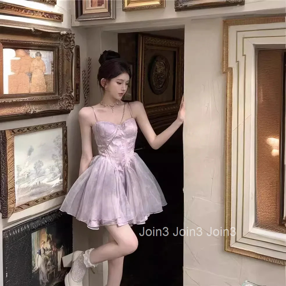 Summer French Style Pure Desire Strapless Princess Ball Gown Dress Womens Sleeveless Waist-Cinched Mini Dress Elegant