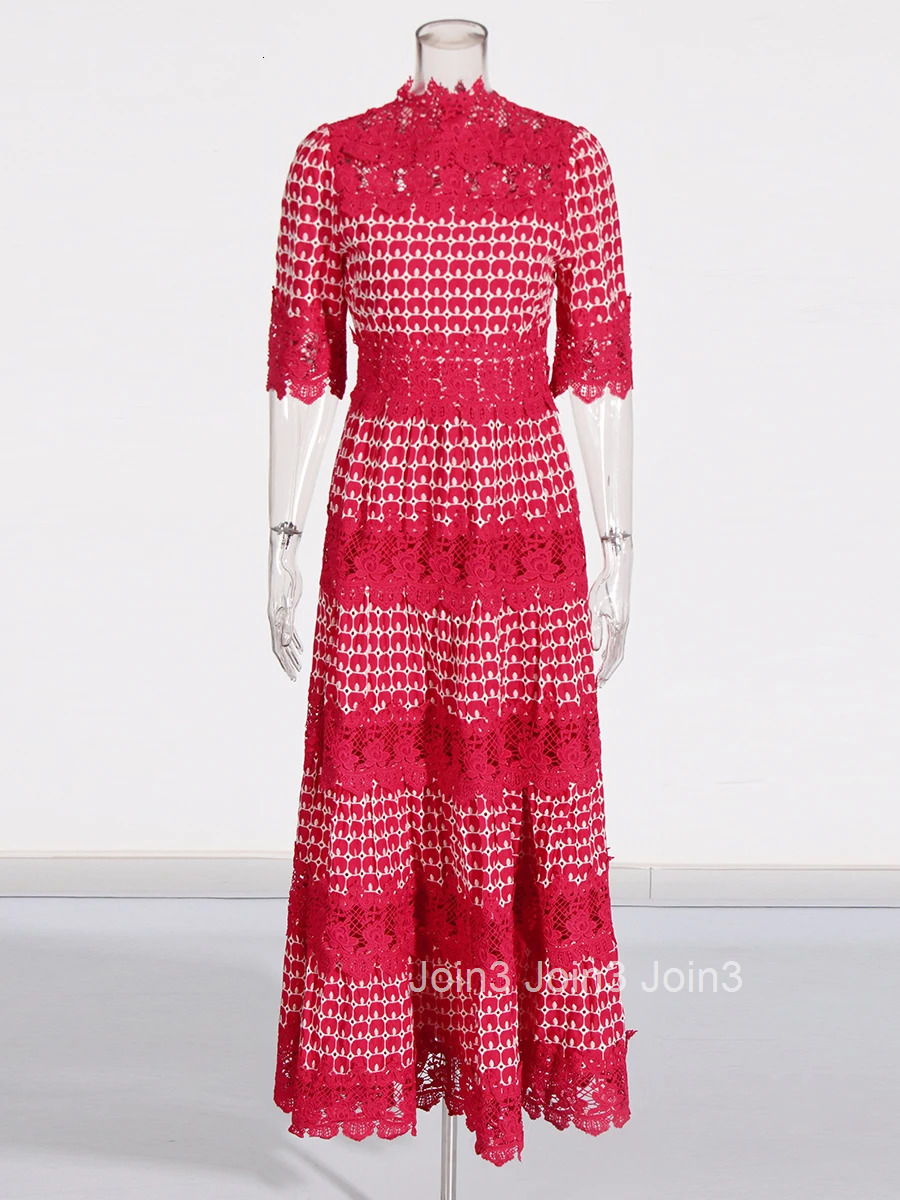 Embroidery Slimming Dress Women Stand Collar Half Sleeve High Waist Hollow Out Temperament Dresses Female Fashion