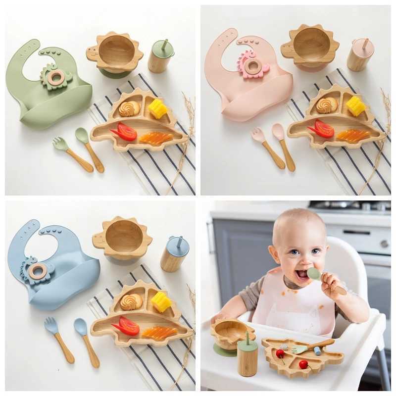 Baby Bamboo Wooden With Silicone Suction Tableware Children Cartoon Dinosaur Feeding Bowl Spoon Fork Set Kid Feeding Accessories X250806