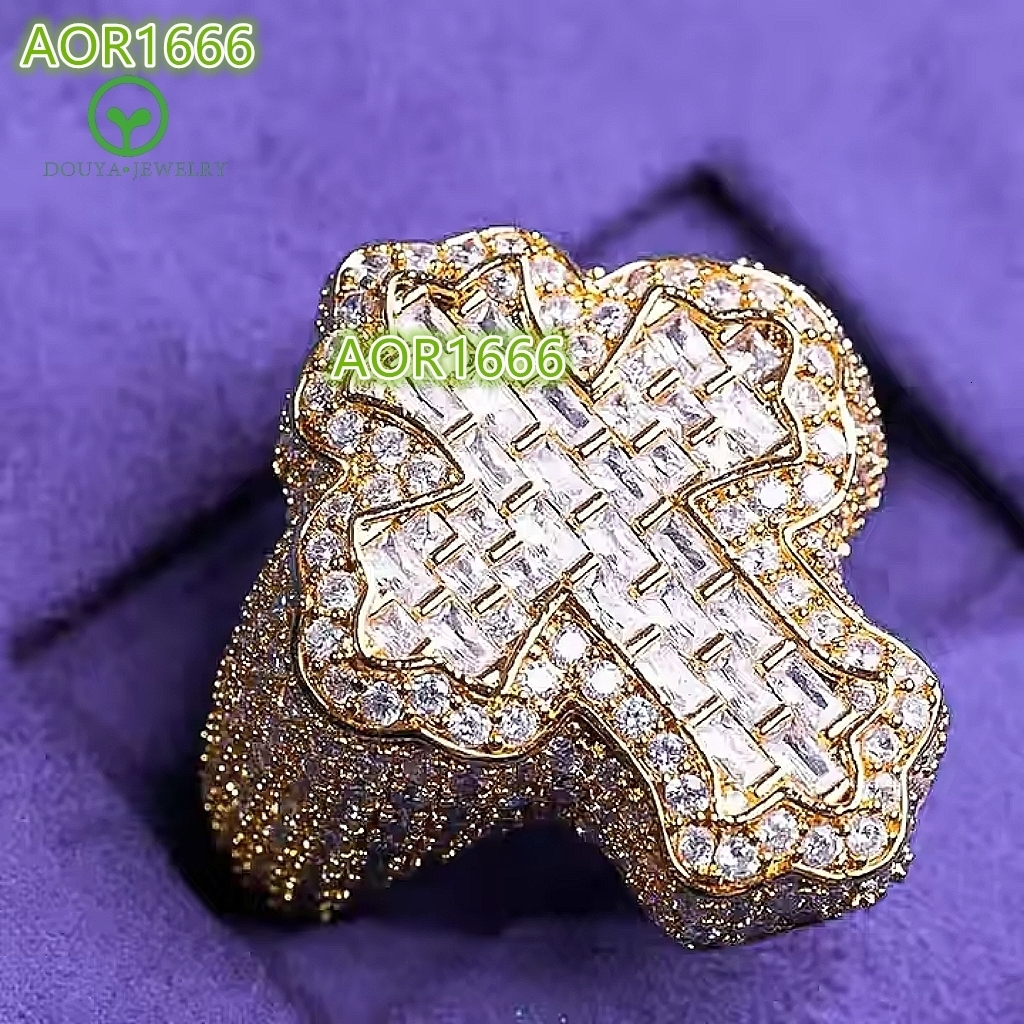 GRA Hip Hop Iced Out Bling 925 Sterling Silver Pass Diamond Tester VVS Moissanite Fleur Baguette Cross Ring for Men