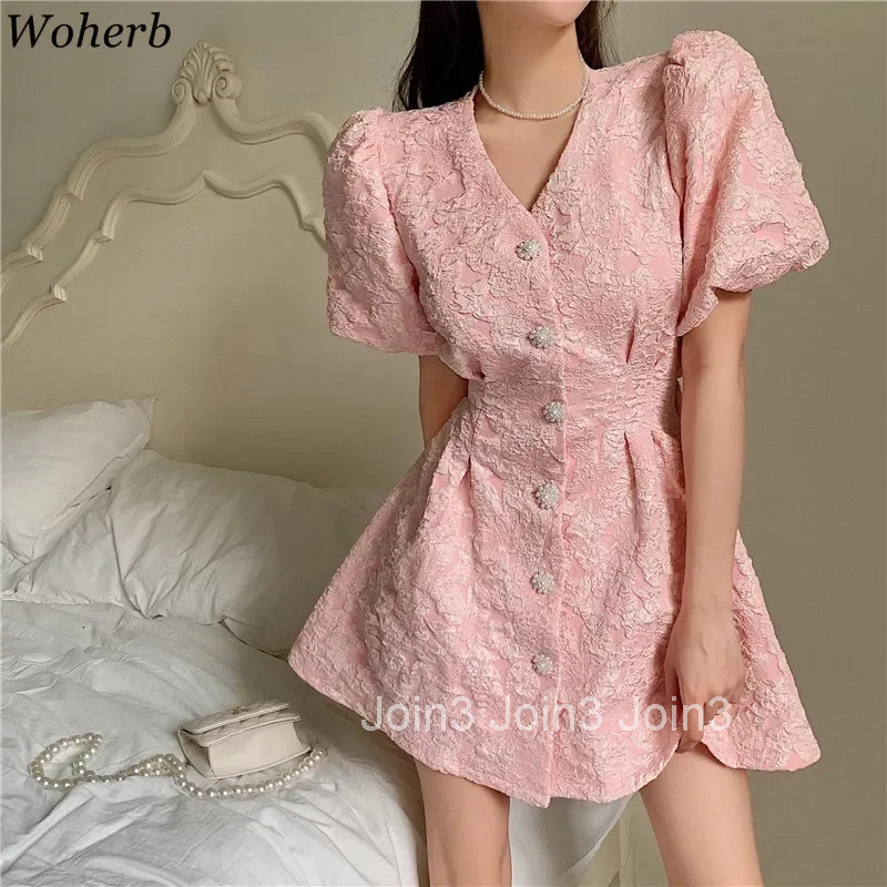 Woherb Chic Women Floral Dress Short Sleeve Single-breasted Korean Fashion Summer New A-Line Elegant Dresses Vestidos