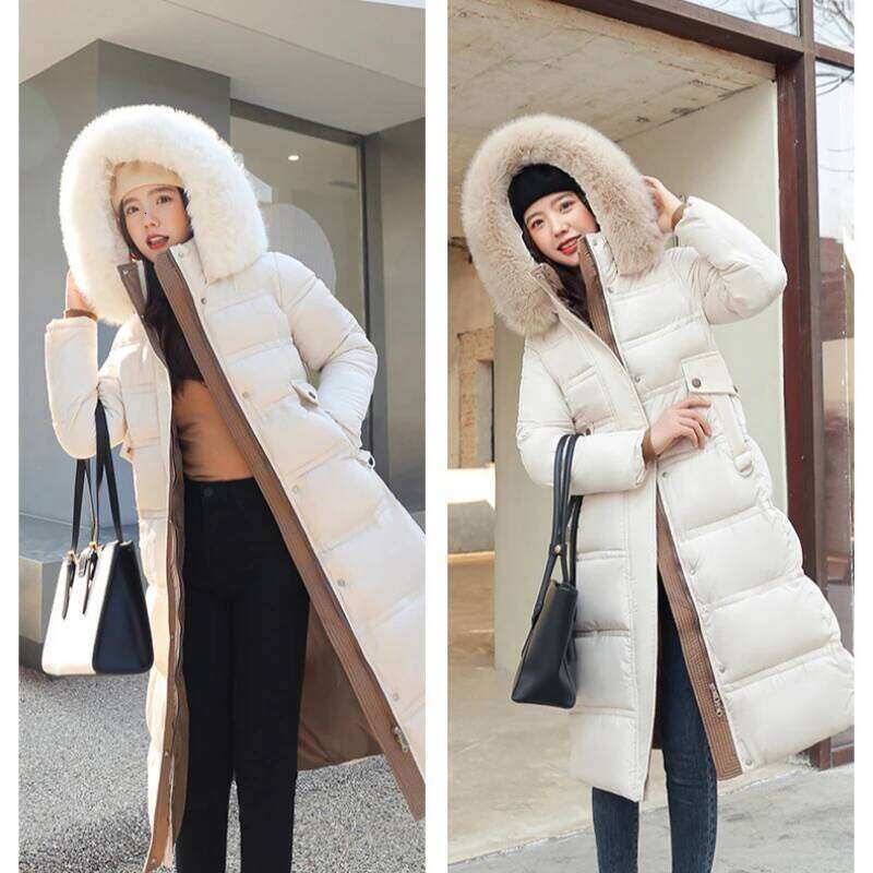 Designer Clothing 2025 Winter New Down Cotton Parkas Women's X-Long Faux Fur Collar Thick Loose Large Size Padded Jacket