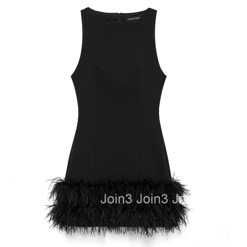 TRAF Womens Dress Feathers Sleeveless Mini Dress Elegant Black Short Dresses Bodycon Party Dresses Woman Vest Christmas Dress