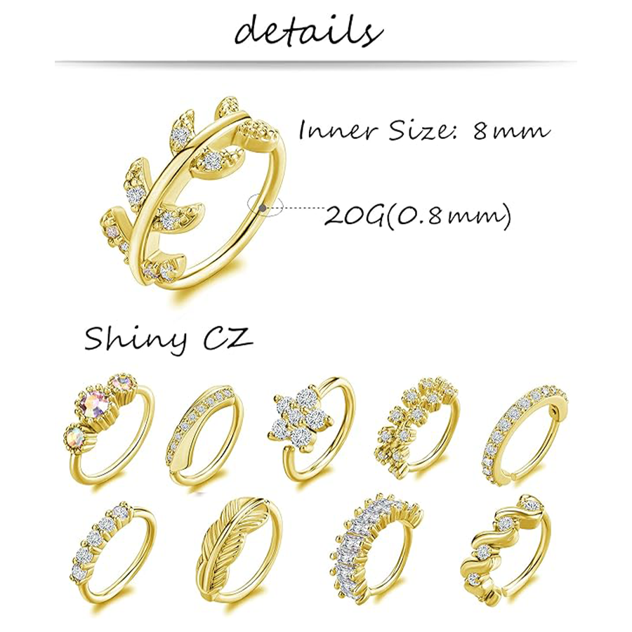 10Pcs Nose Ring Hoop Paved Flower Leaf Feather CZ Cartilage Earrings Nose Piercing Jewelry for Women Men Gold Tone 20G