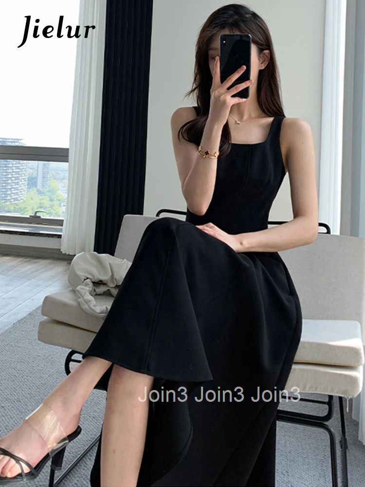 Jielur French Style Black Spaghetti Strap Female Dresses Summer Slim Waist Elegant Evening Womens Dresses Birthday Party Dress
