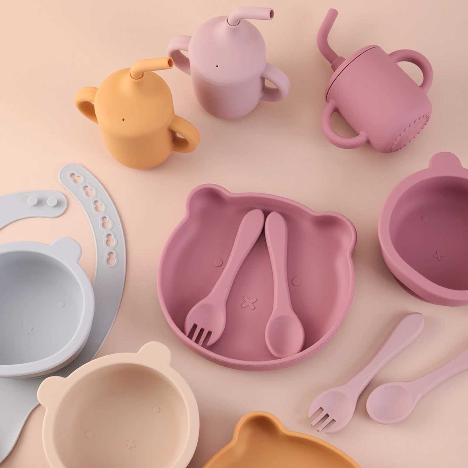 6PCS Color Kids Cartoon Bear Silicone Feeding Set Suction Bowl Dishes Plate Bib Portable Cup Utensils Infant Self Feeding X250806