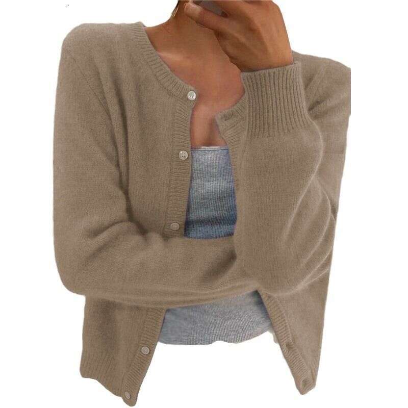Solid Color Knitted Single Row Long Sleeved Pullover, Round Neck Cardigan, Outerwear, Sweater For Women