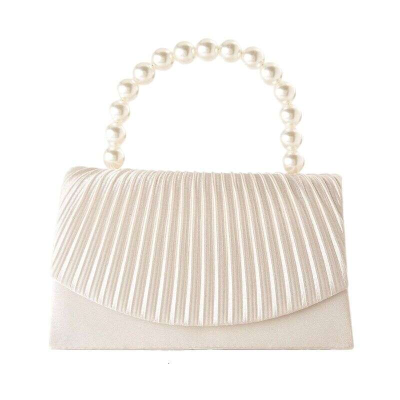 2025 Spring/Summer New Satin Pleated Flap Fashion Handbag With Embellished And Pearl Handle Stripe Design Crossbody Bag