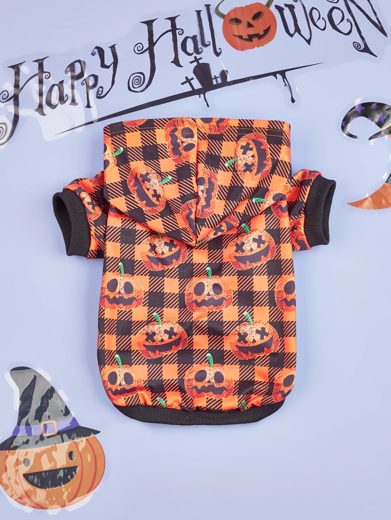 Halloween Pet Hoodie with Pumpkin Prints Orange Black Plaid Hooded Sweatshirt Festive Outfit for Small Dogs Cats Pet 250805