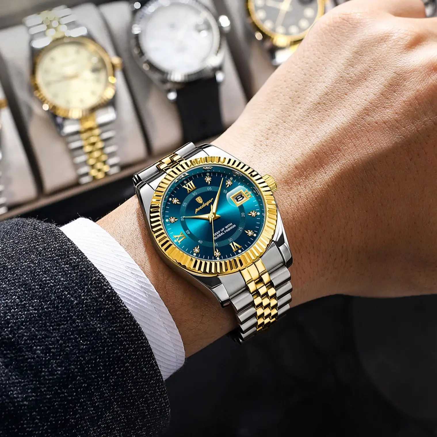 POEDAGAR Luxury Quartz Wrist Watch for Men Waterproof Luminous Date Stainless Steel Sports Mens Watch W250806