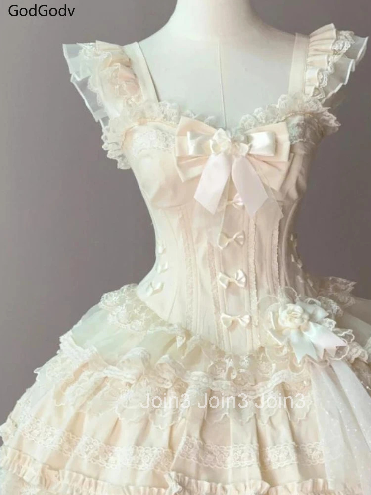Japanese Sweet Princess Lolita Elegant Woman Party Dress Y2k Chic Bow Fairy Vintage Dress Slim Flower Lace Retro Outfits Summer
