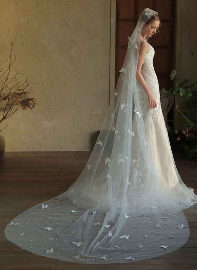 Romantic Butterfly Beaded Wedding Veil Without Comb One Layer Long Cathedral Bridal Veil Wedding Accessories Customized