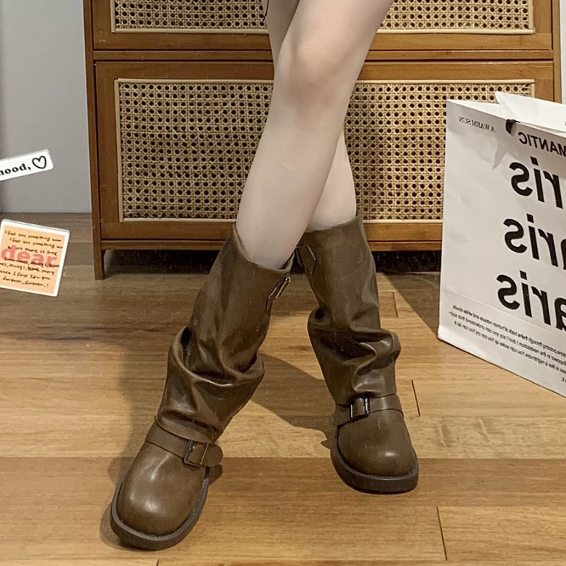 Womens Boots Slip on Female Mid-calf Boots Retro Biker Boots Fashion Block Heels Women Shoes Pu Leather Zapatos De Mujer 250731