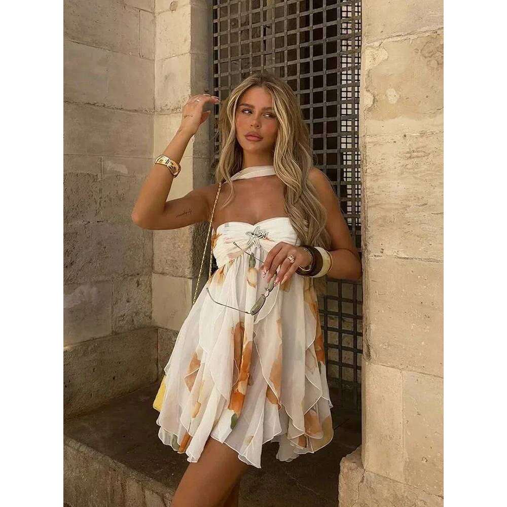 Designer Clothing 2025 Women Casual Printed Pleated Scarf Collar Mini Dresses Chic Sleeveless Off Shouder Short Vestido Summer Lady Party Beach Robe