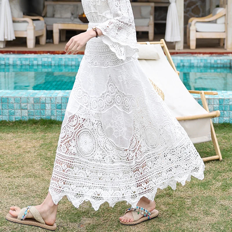 Boring Honey French Retro Classical Skirts Hollow Out Knitting Big Swing Skirt Summer Fashion All-Match High Waist Dress 250804