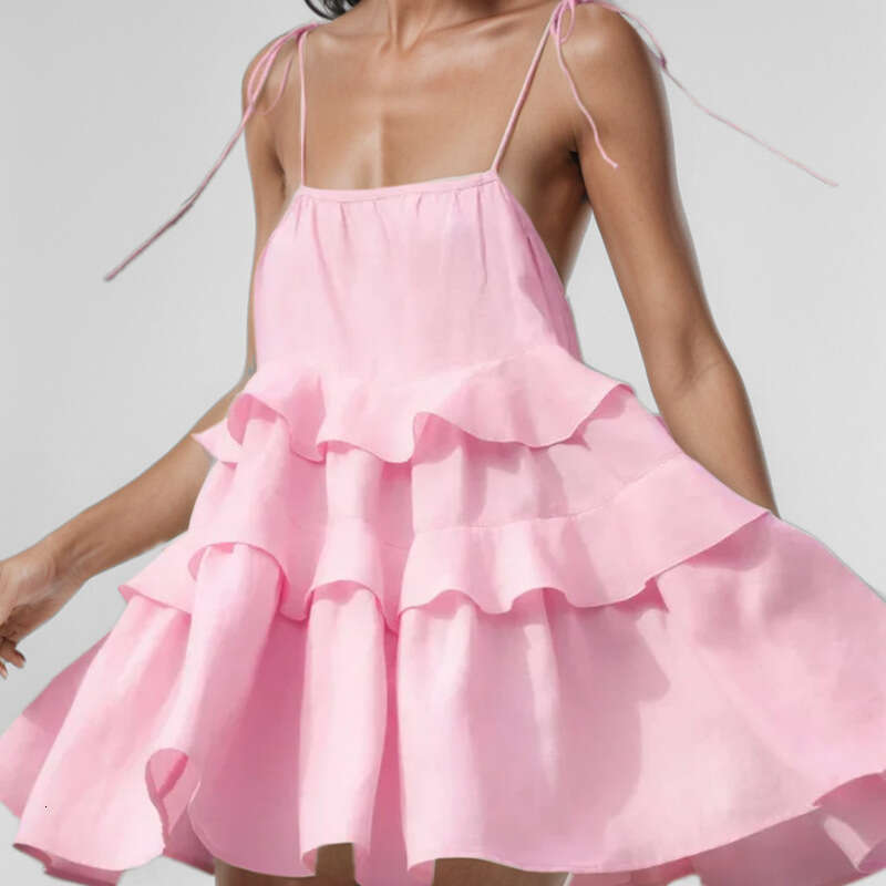 Spring New Women's Sexy Pleated Strap Backless Tie Short Dress B5