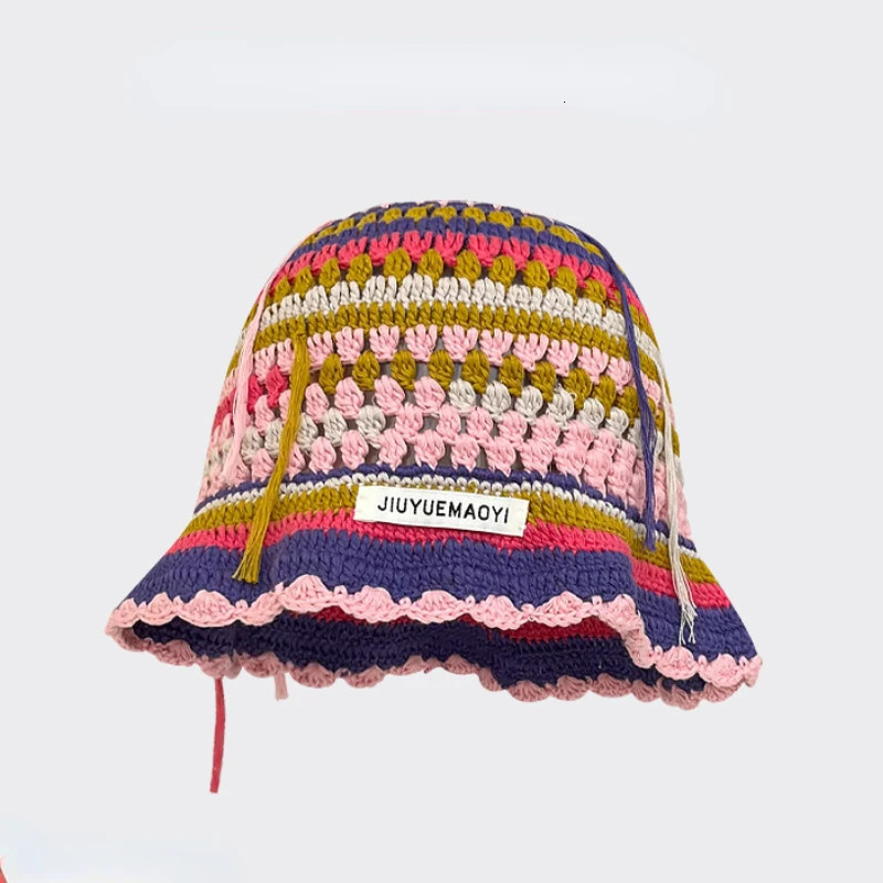 Autumn Crochet Korean Handmade Bucket Hat Women Weaving Knitted Hat Y2k Fashion Flowers Autumn Winter Beanies Basin Cap 250805