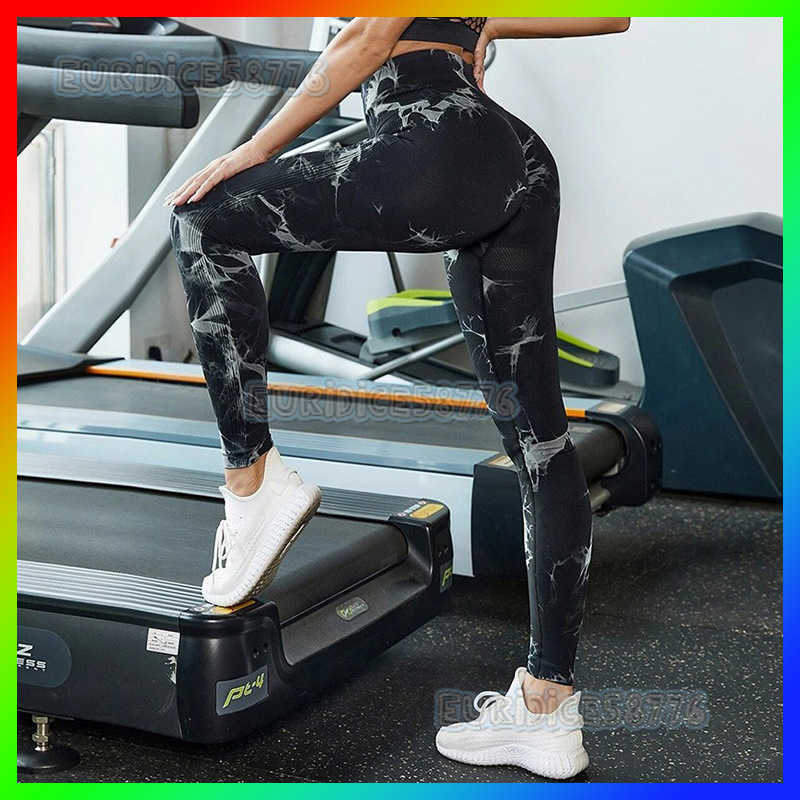 Tie-dye Seamless Yoga Pants Running Fitness Sports Pants High Elastic Peach Hip Lift High Waist Printed Nine-point Pants for Women H250806