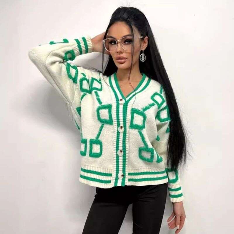 Women's Clothing Casual Color Contrast Letter Breasted Long Sleeved Knitted Sweater Cardigan Jacket