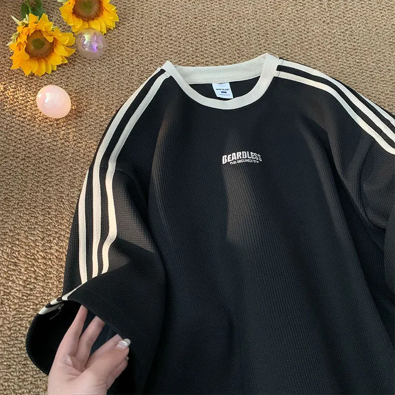 Waffle t-shirt mens summer loose casual striped sports top small neckline simple short sleeve t-shirt top 250806