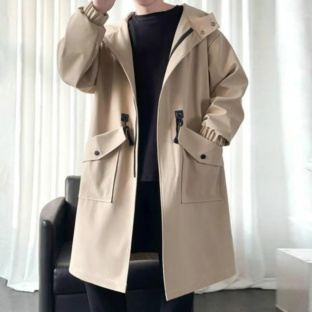 Comfortable Men Windbreaker Streetwear Mens Trench Coat with Hood Big Pockets Windproof Mid Length Solid Color for Men 250805