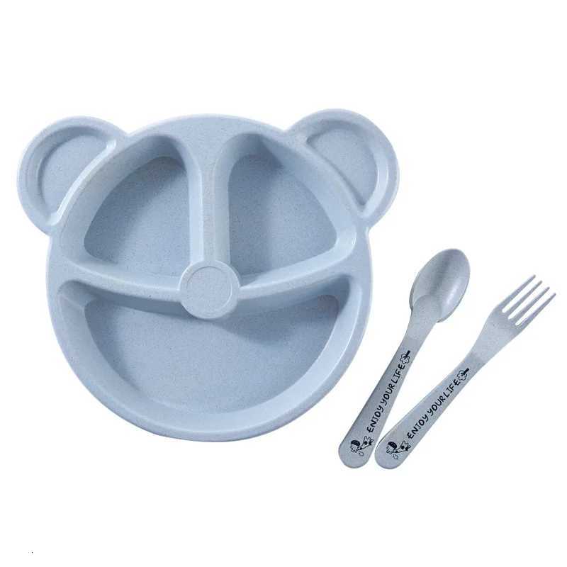 3-Piece Cute Divided Dining Plate for Childrens Bowls Solid Color Fork Spoon Sucking Tableware Set with Wheat Material X250806
