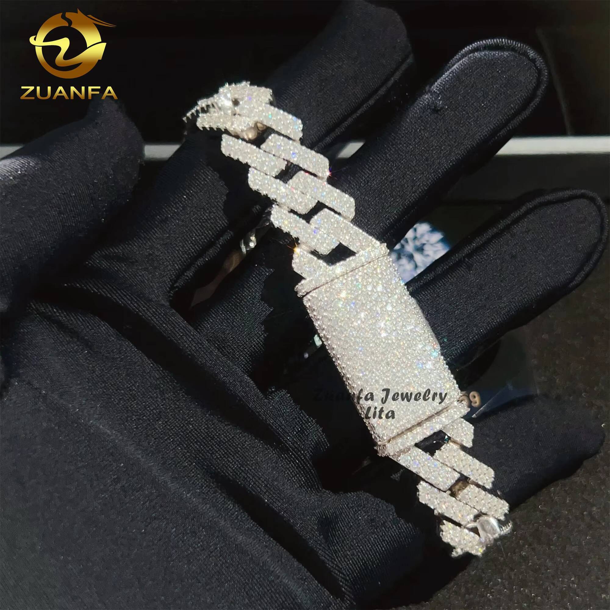 Hot Selling Two Row Diamond 14mm Hip Hop 925 Sterling Silver Straight Moissanite Cuban Link Bracelet