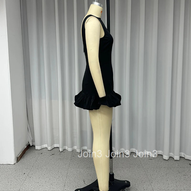 Wefads Mini Dress Women Elegant Sexy Solid Sleeveless Round Neck Nipped Waist Backless Evening Party Bubble Black Short Dresses