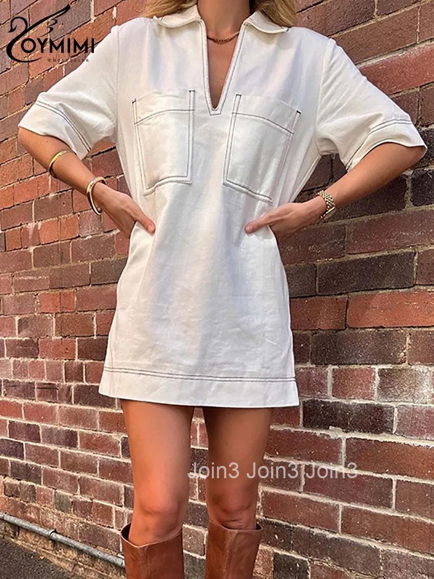 Casual White Cotton Womens Dress Elegant Turn-Down Collar Half Sleeve Dresses Summer Pockets Straight Mini Dress Female