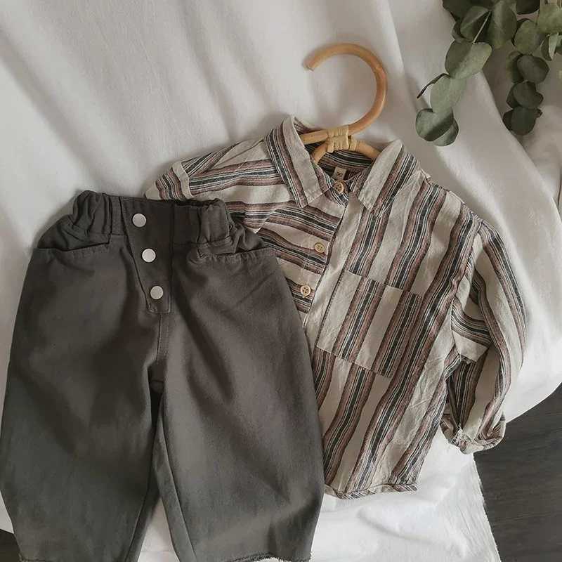Childrens Retro Striped Irregular Cotton Linen Shirt Autumn New Korean Literary Baby Boys Buttons Long-Sleeved Shirts WT055 X250806